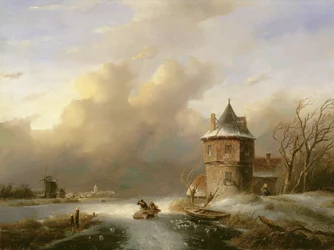 A Couple Crossing the Ice in Windy Weather
